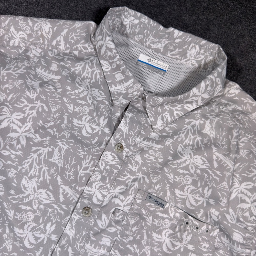 Columbia PFG Shirt Mens Large Gray White Tropical Fishing Omni-Shade All Over